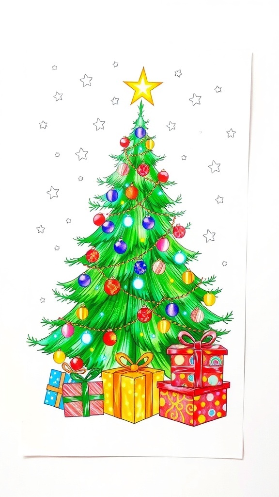 A festive Christmas drawing with a decorated tree, gifts, and snowflakes.